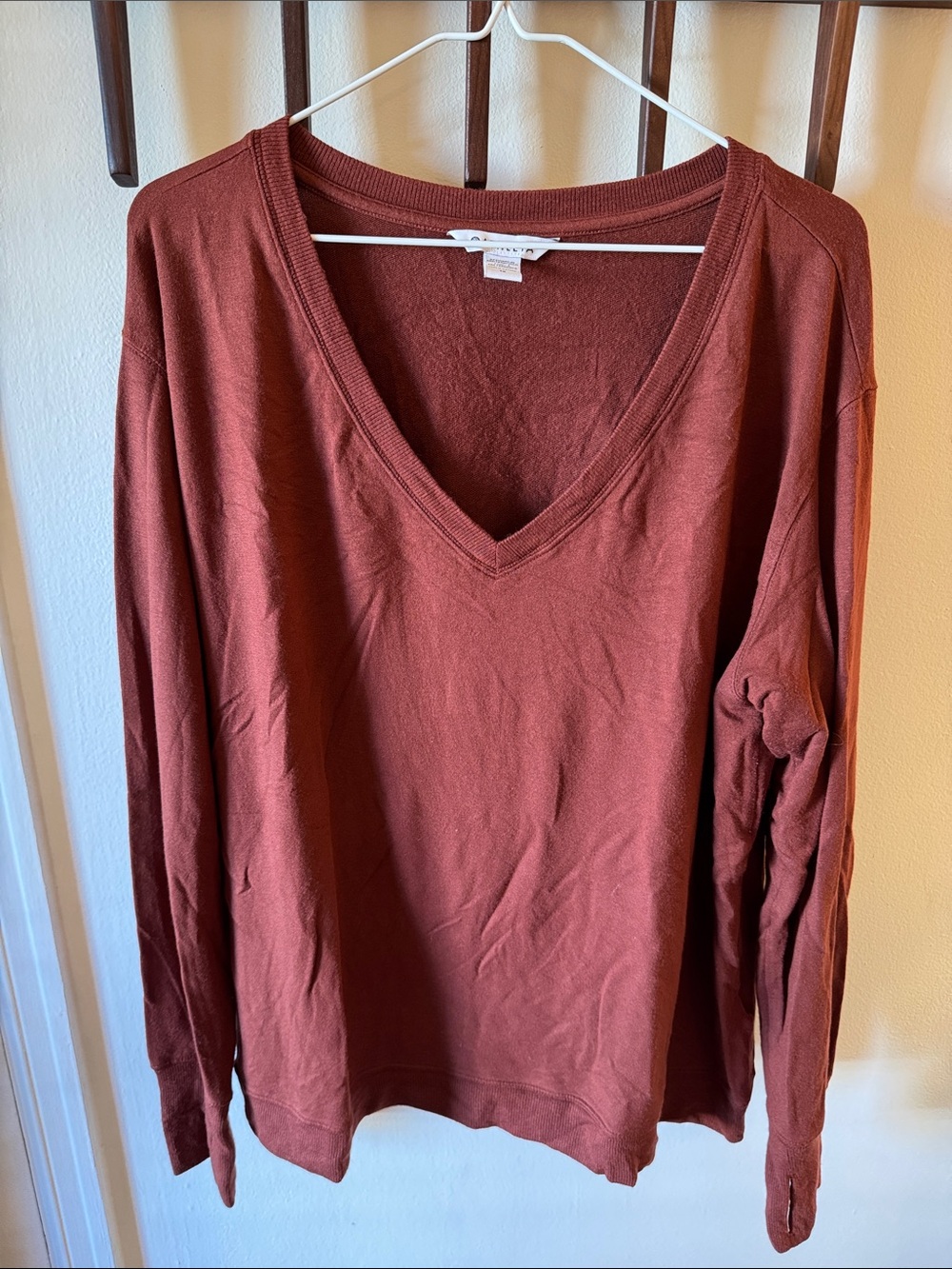 Athleta V-Neck Long Sleeve Sunrise V-Neck Sweatshirt in Rust Brown